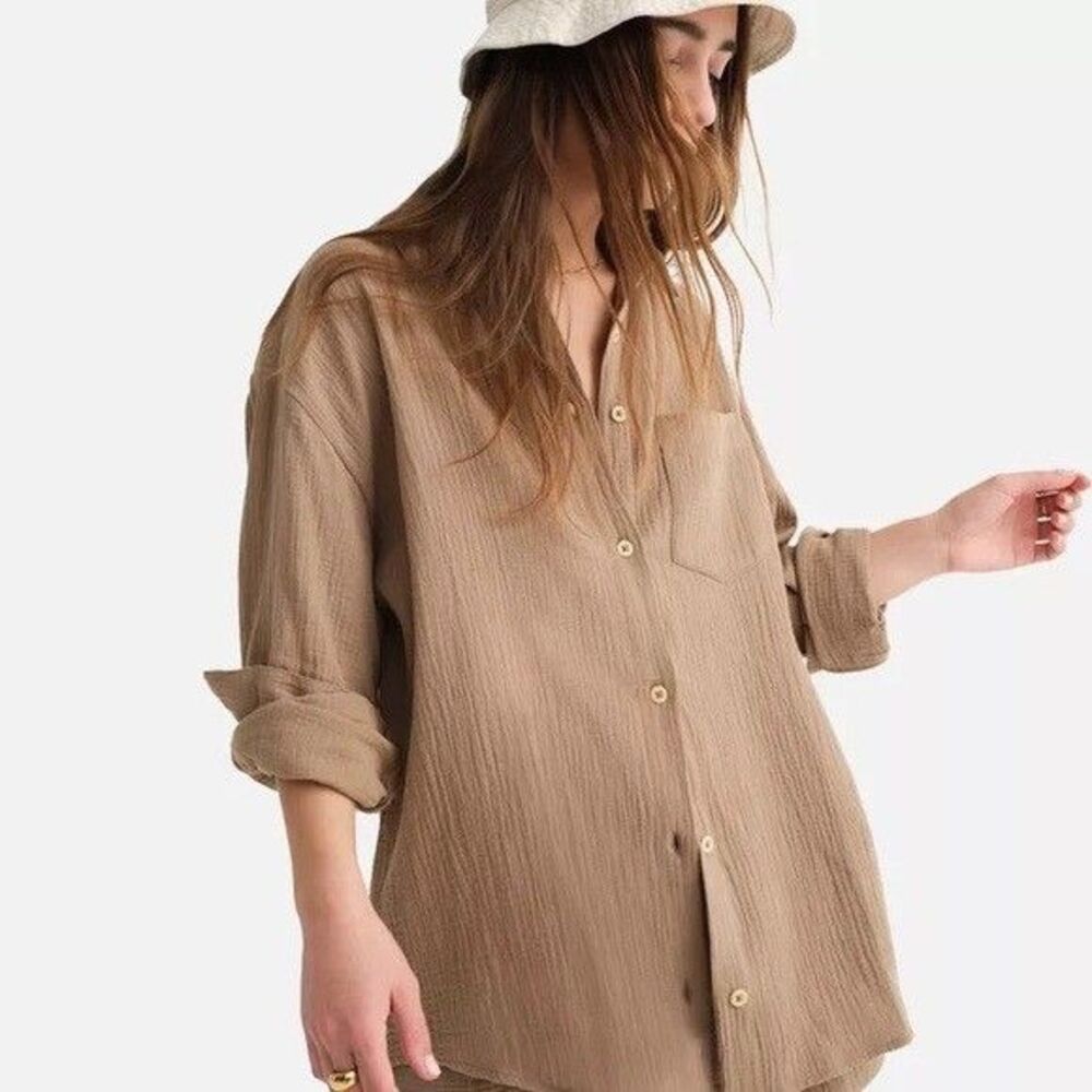 Mate the Label Organic Gauze Oversized Button Down in Bark Size MEDIUM - Picture 6 of 6